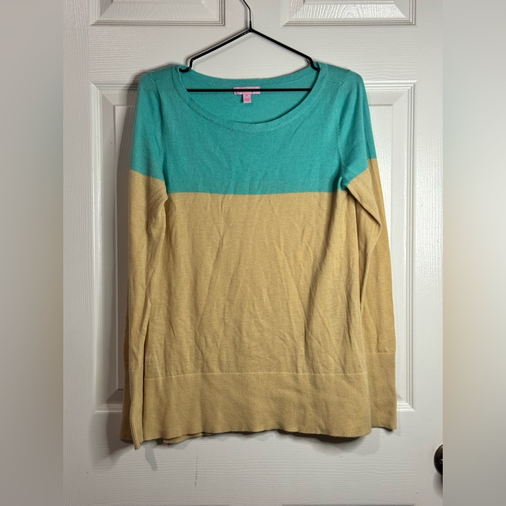 Lilly Pulitzer Debra Sweater Turquoise Blue & Tan Colorblock Long Sleeve Medium